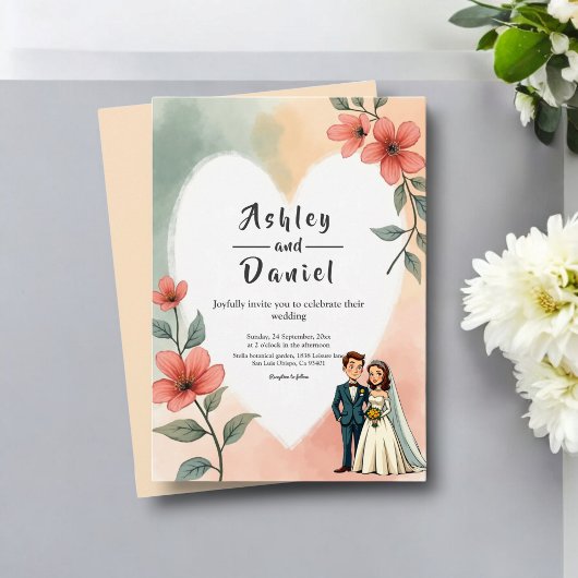 シックな水カラーフローラほこりっぽい新婦結婚郎 招待状