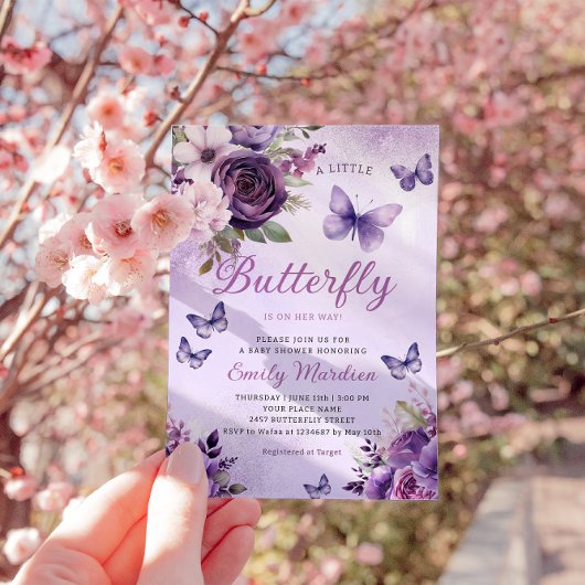 シックな水カラーフローラガールバタフライベビーシャワー 招待状