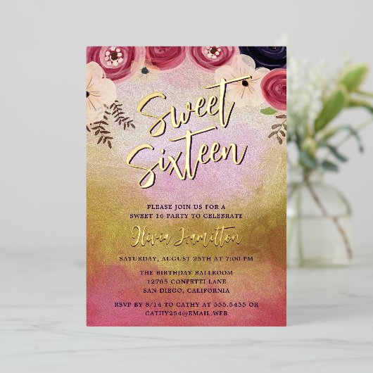 シックな水カラーフローラスイート16フォイル招待状 箔招待状 (立ち正面)