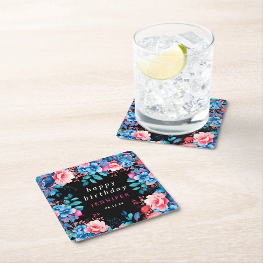 シックな水カラーフローラハッピーバースデーブラック スクエアペーパーコースター (インサイチュ)