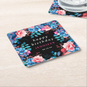 シックな水カラーフローラハッピーバースデーブラック スクエアペーパーコースター (アングル)