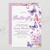 シックな水カラーフローラバタフライガールベビーシャワー 招待状 (正面/裏面)