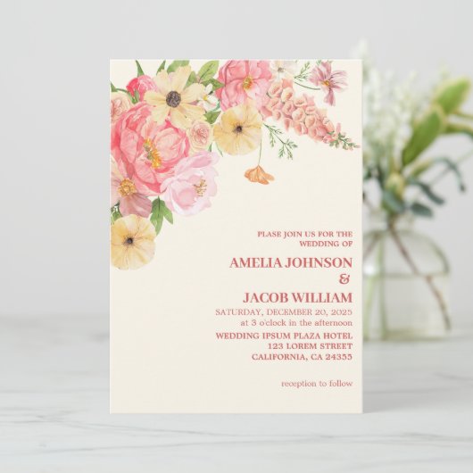 シックな水カラーフローラバター黄色結婚桃 招待状 (スタンド正面)