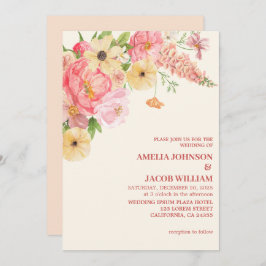 シックな水カラーフローラバター黄色結婚桃 招待状