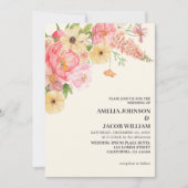 シックな水カラーフローラバター黄色結婚桃 招待状 (正面)