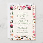 シックな水カラーフローラピンクと緑の赤ちゃんシャワー 招待状 (正面)