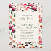 シックな水カラーフローラピンクと緑の赤ちゃんシャワー 招待状 (正面/裏面)