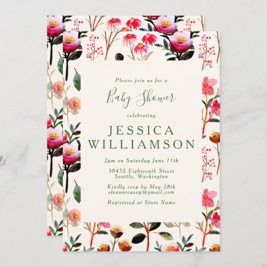 シックな水カラーフローラピンクと緑の赤ちゃんシャワー 招待状 (正面/裏面)