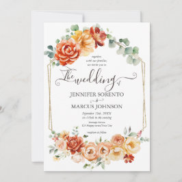 シックな水カラーフローラピーチ、金ゴールド、オレンジ結婚ズ 招待状