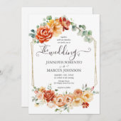 シックな水カラーフローラピーチ、金ゴールド、オレンジ結婚ズ 招待状 (正面/裏面)