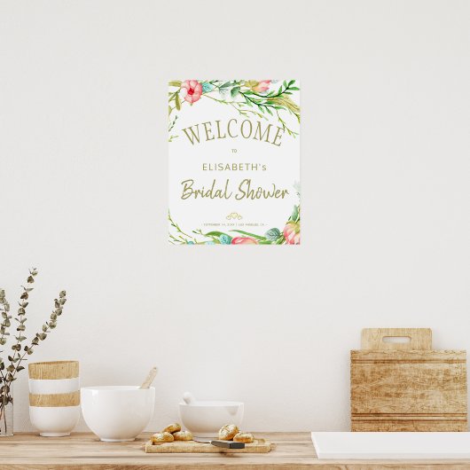 シックな水カラーフローラブライダルシャワーウェルカムサイン ポスター (キッチン)