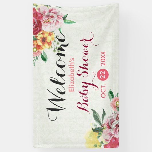 シックな水カラーフローラベビーシャワーウェルカムバナー 横断幕 (縦)