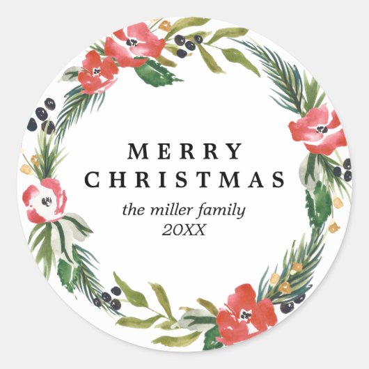 シックな水カラーフローラホリデーシール ラウンドシール (正面)