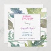 シックな水カラーフローラミニマルブライダルシャワー 招待状 (正面/裏面)