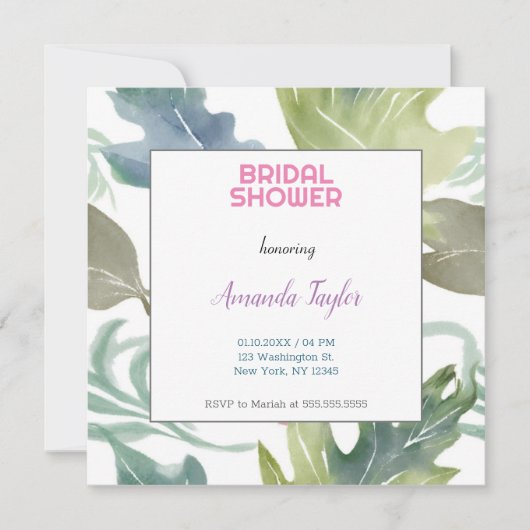 シックな水カラーフローラミニマルブライダルシャワー 招待状 (正面)