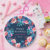 シックな水カラーフローラ任意の年齢ハッピーバースデーネイビー ペーパープレート (パーティー)