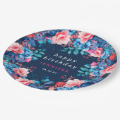 シックな水カラーフローラ任意の年齢ハッピーバースデーネイビー ペーパープレート (アングル)