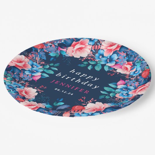 シックな水カラーフローラ任意の年齢ハッピーバースデーネイビー ペーパープレート (アングル)