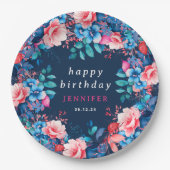 シックな水カラーフローラ任意の年齢ハッピーバースデーネイビー ペーパープレート (正面)