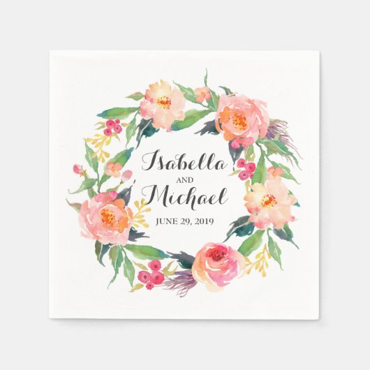 シックな水カラーフローラ結婚ズ スタンダードカクテルナプキン (正面)