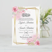 シックな水カラーフローラ金ゴールドイスラム結婚教徒 招待状 (スタンド正面)