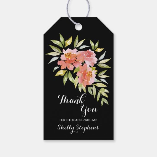 シックな水カラーフローラ開花ブラックブライダルシャワー ギフトタグ (正面)