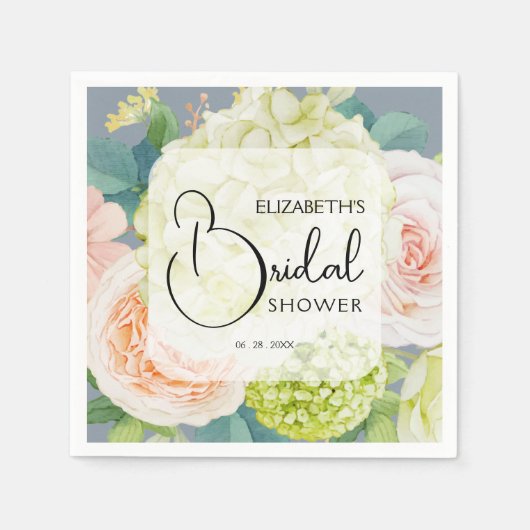 シックな水カラー花模様ダスティブルーブライダルシャワー スタンダードカクテルナプキン (正面)
