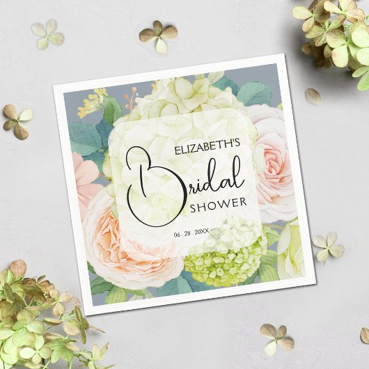 シックな水カラー花模様ダスティブルーブライダルシャワー スタンダードカクテルナプキン