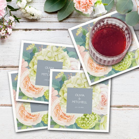 シックな水カラー花模様ダスティブルー スタンダードカクテルナプキン