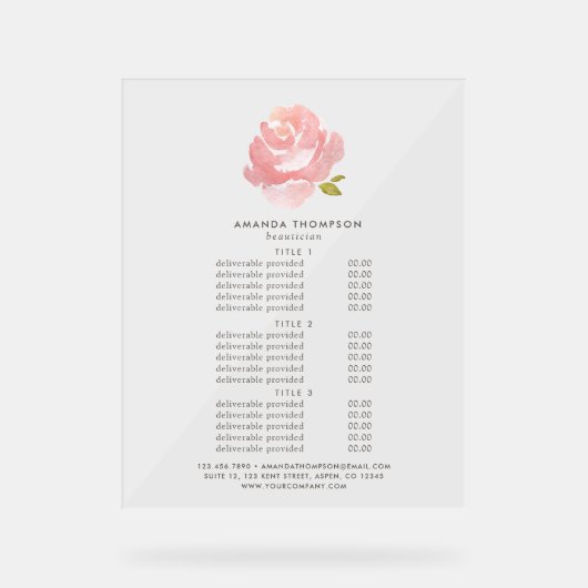 シックな水カラー赤面ピンクローズプライシング&サービス アクリルサイン (正面)