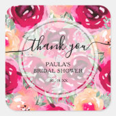 シックな水彩ピンクの花ありがとう スクエアシール (正面)