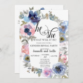 シックな水彩ピンクブルーフラワージェンダーリビール 招待状 (正面/裏面)
