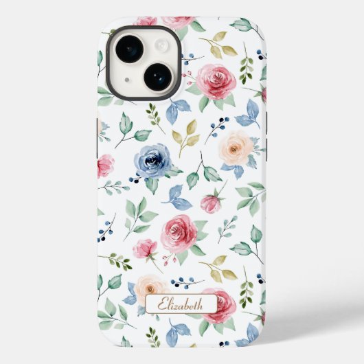 シックな水彩ピンク赤面ブルーフラワーパターン Case-Mate iPhoneケース (裏面)