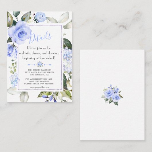 シックな水彩ブルーフローラフレーム結婚の詳細 エンクロージャーカード (正面/裏面)