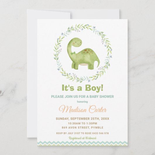 シックな水彩可愛い恐竜の男の子の赤ちゃんシャワー 招待状 (正面)