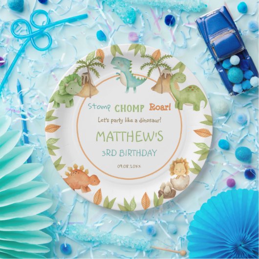 シックな水彩可愛い恐竜の誕生日パーティー ペーパープレート (パーティー)