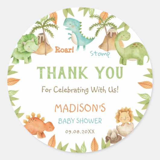 シックな水彩可愛い恐竜の赤ちゃんシャワーの好意 ラウンドシール (正面)