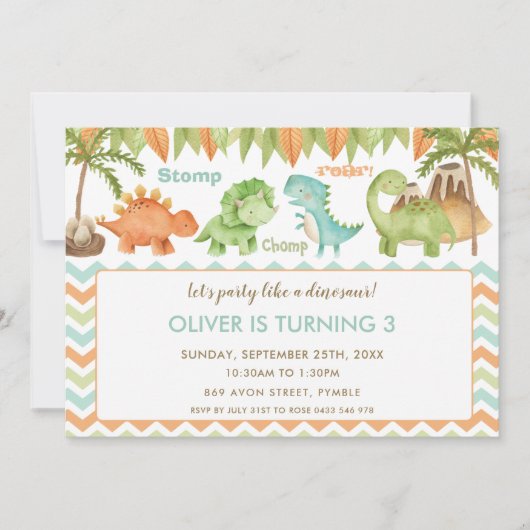 シックな水彩可愛い恐竜ボーイガール誕生日 招待状 (正面)