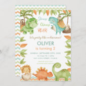 シックな水彩可愛い恐竜ボーイガール誕生日 招待状 (正面/裏面)