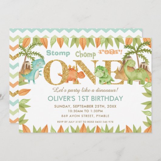 シックな水彩可愛い恐竜1st誕生日パーティー 招待状 (正面/裏面)