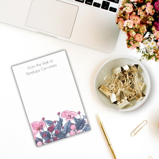 シックな水彩埃っぽいブルーとピンクのフローラ ポストイット