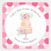 シックな水彩層ケーキとバラベーカリー スクエアシール (正面)
