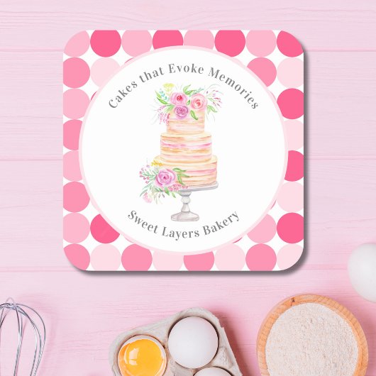 シックな水彩層ケーキとバラベーカリー スクエアシール