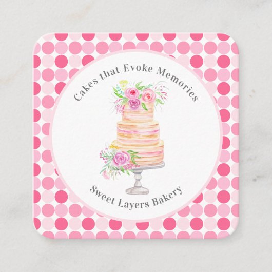 シックな水彩層ケーキとバラベーカリー スクエア名刺 (正面)