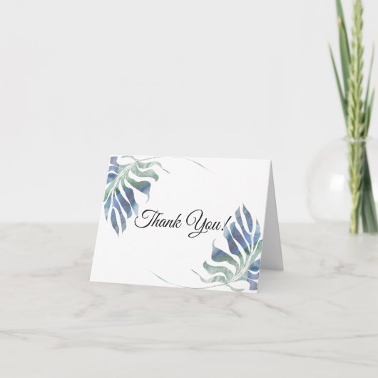 シックな水彩熱帯ブルーグリーンの葉 サンキューカード (正面)