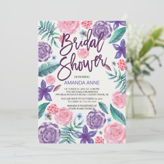 シックな水彩画によってはブライダルシャワーの招待状が開花します 招待状 (スタンド正面)