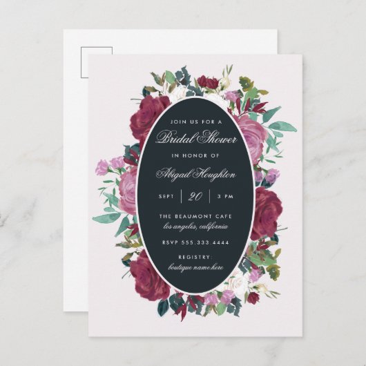 シックな水彩画のバーガンディの花柄のブライダルシャワー インビテーションポストカード (正面/裏面)