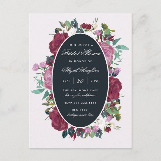 シックな水彩画のバーガンディの花柄のブライダルシャワー インビテーションポストカード (正面)