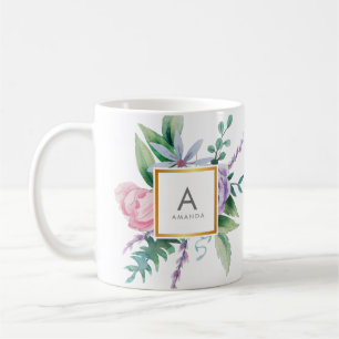 シックな水彩画のピンクの紫色のシャクヤクによってはモノグラムが開花 コーヒーマグカップ
