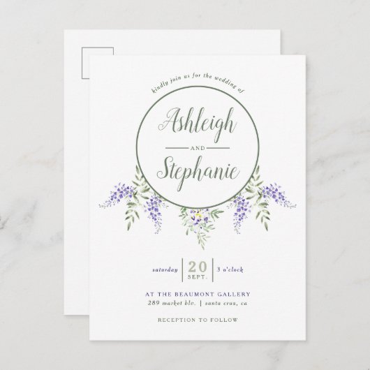 シックな水彩画の藤の低下の結婚式 インビテーションポストカード (正面/裏面)